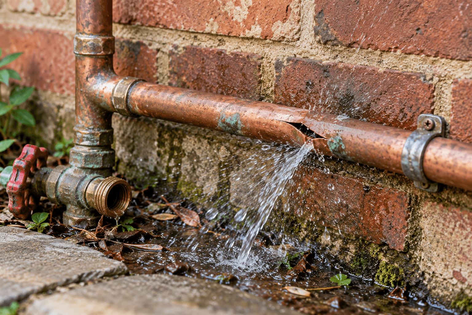 Damaged outdoor copper pipe leaking water