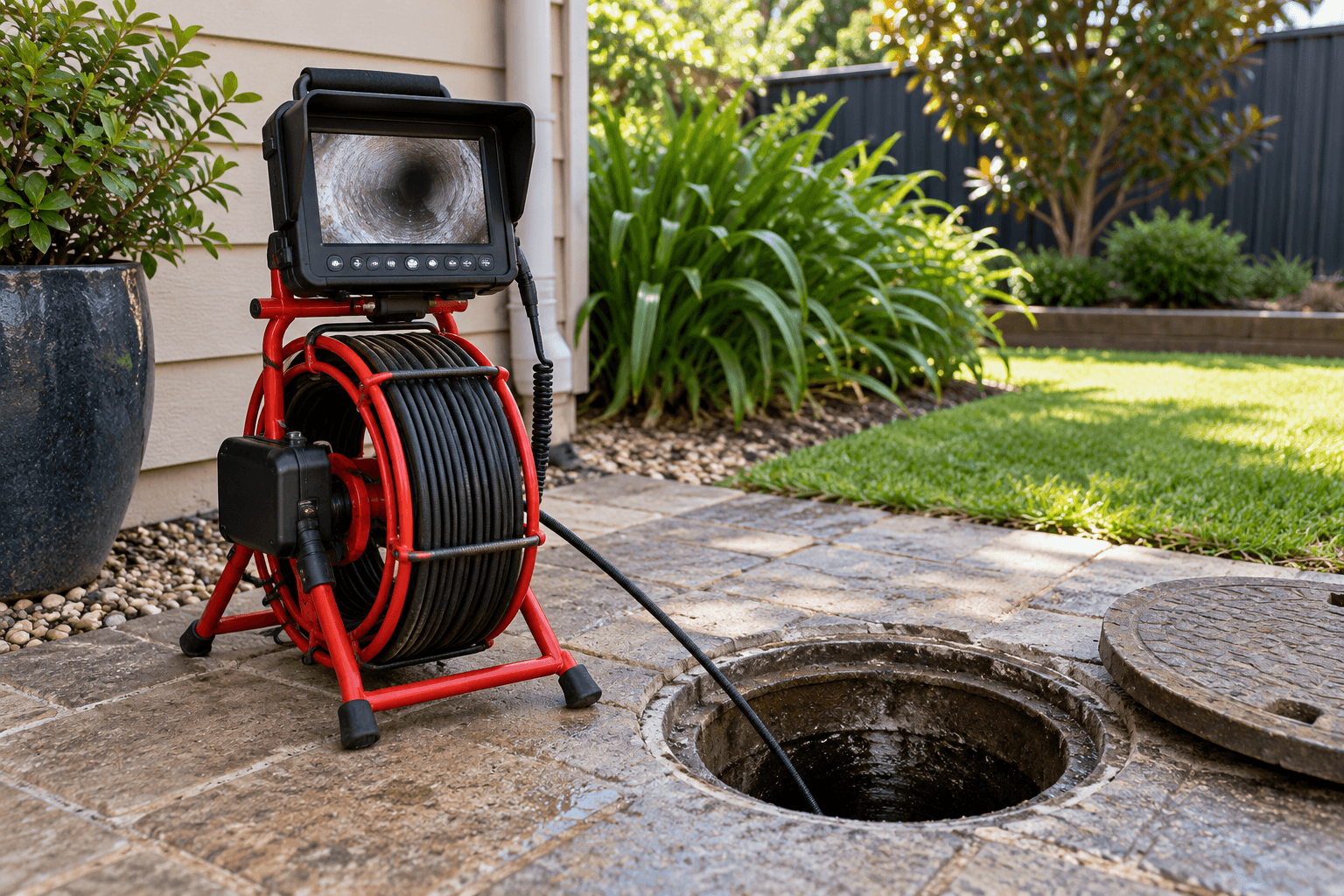 Drain inspection camera beside a residential inspection opening