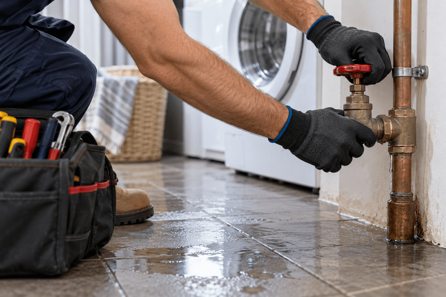 Plumber shutting off a water valve during a leak