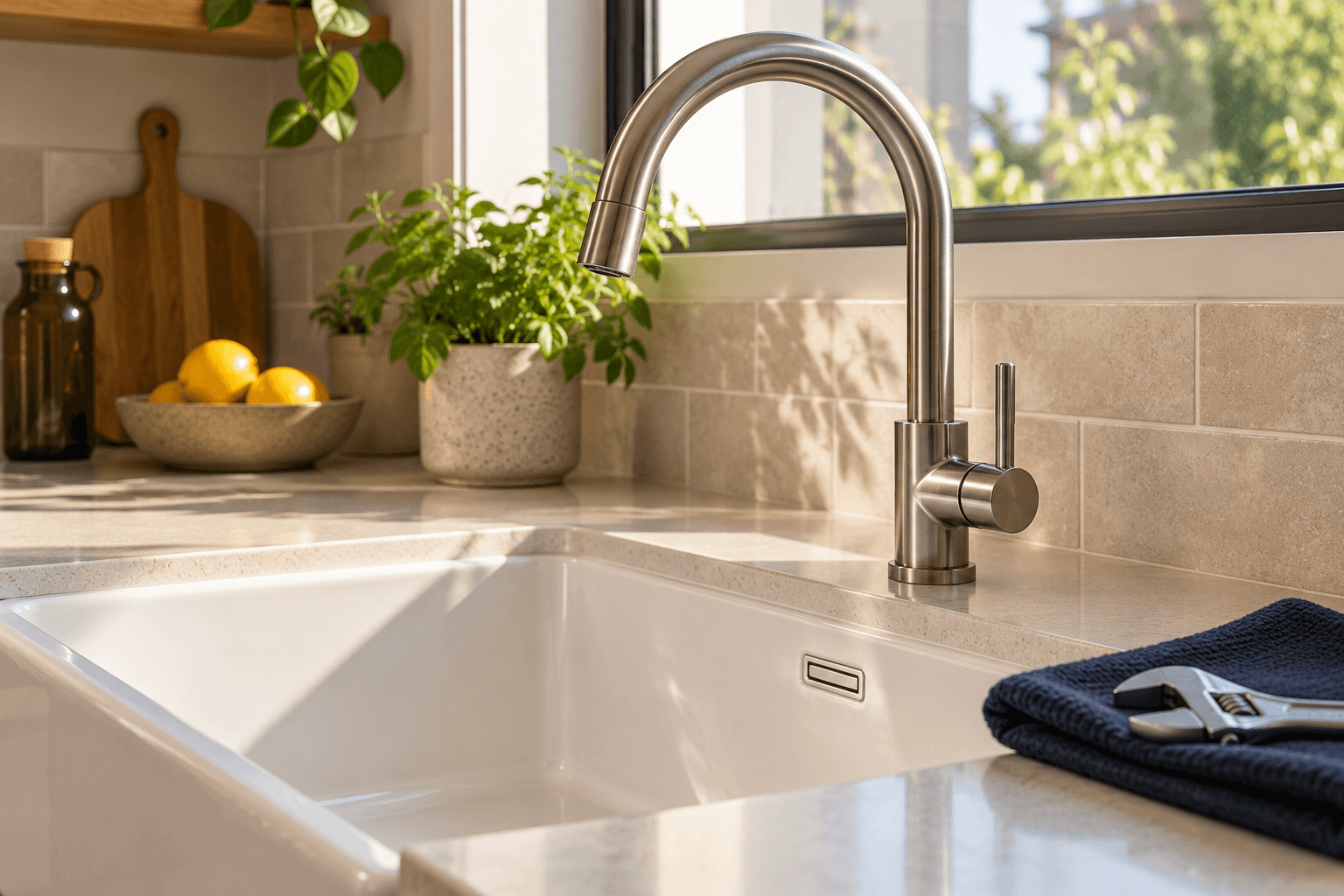Contemporary kitchen tap and sink with plumbing tools beside it